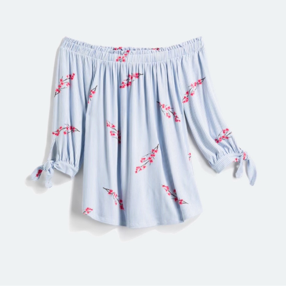 Olive & Oak Off-Shoulder Striped Blouse in Blue and Pink